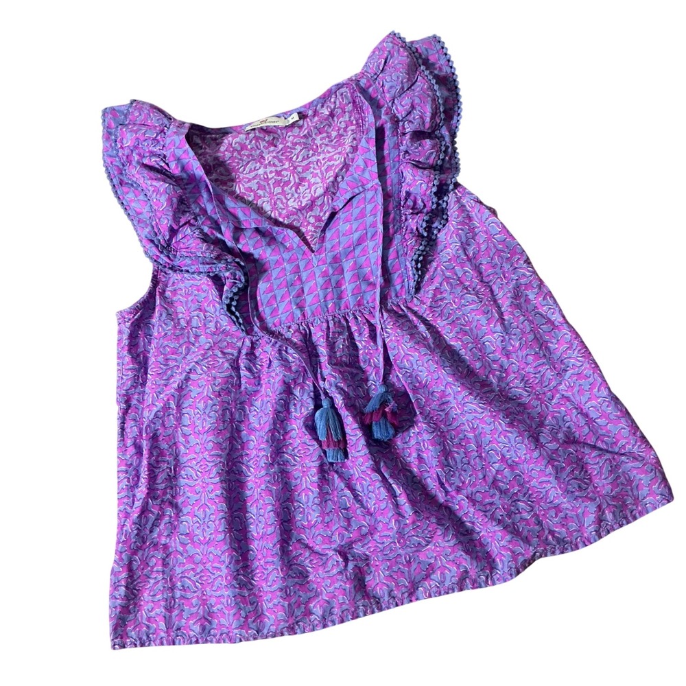 Vineyard Vines Boho Ruffle Tassel Top Women M Purple Blue Geometric Pom Pom Trim